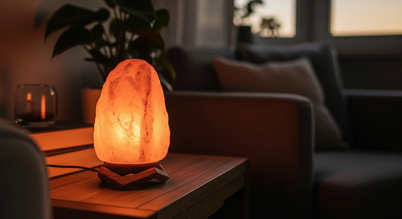 Lampe de sel allumée le soir, lueur ambrée dans un salon cosy