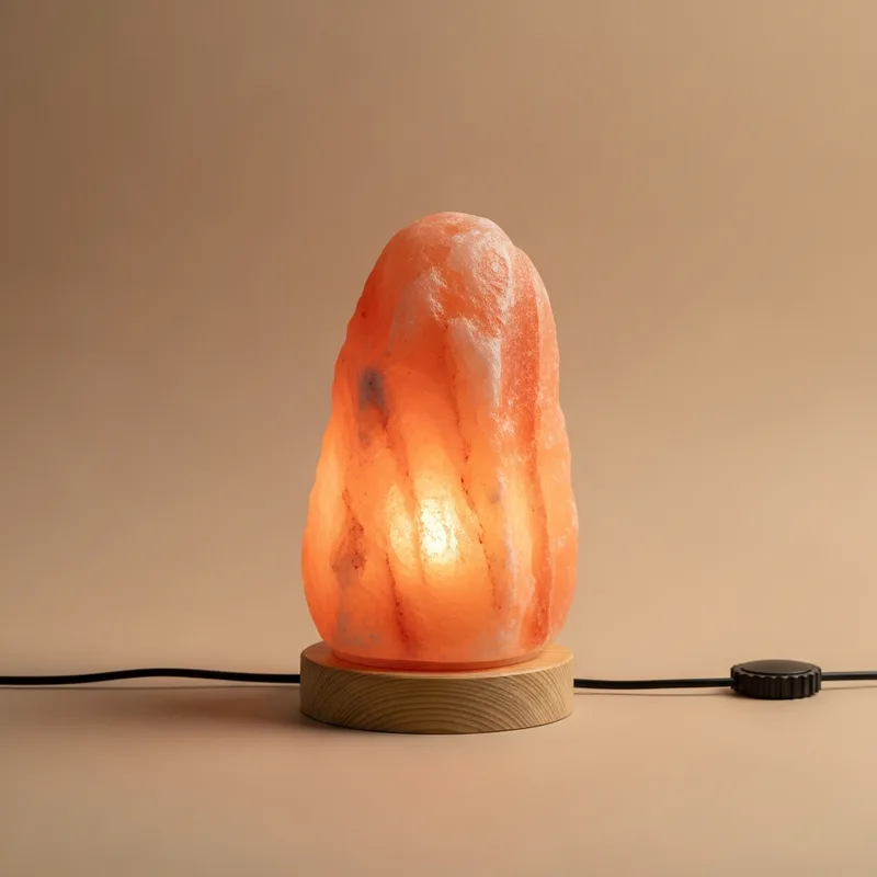 Lampe de sel de l'Himalaya allumée, lueur ambrée sur socle en bois